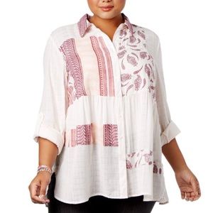 Style & Co Long Sleeve Button Down Pink Purple Off White Flowy Blouse Size 2X